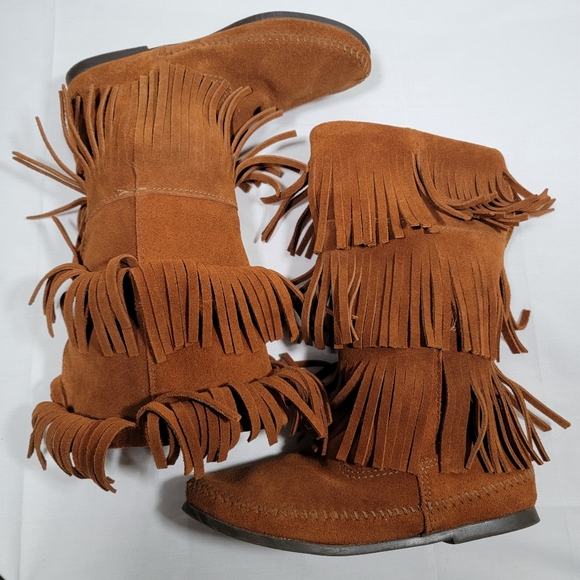 Womens Size 8 MinneTonka Fringed Suede Leather 3 Row Fringe Brown Moccasins Boot - Picture 5 of 8